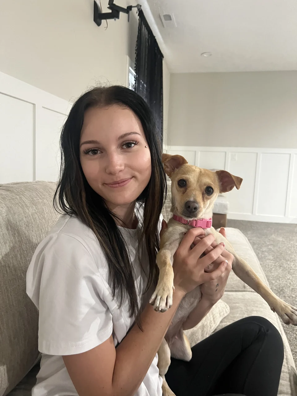 A woman holding a small tan dog on a sofa