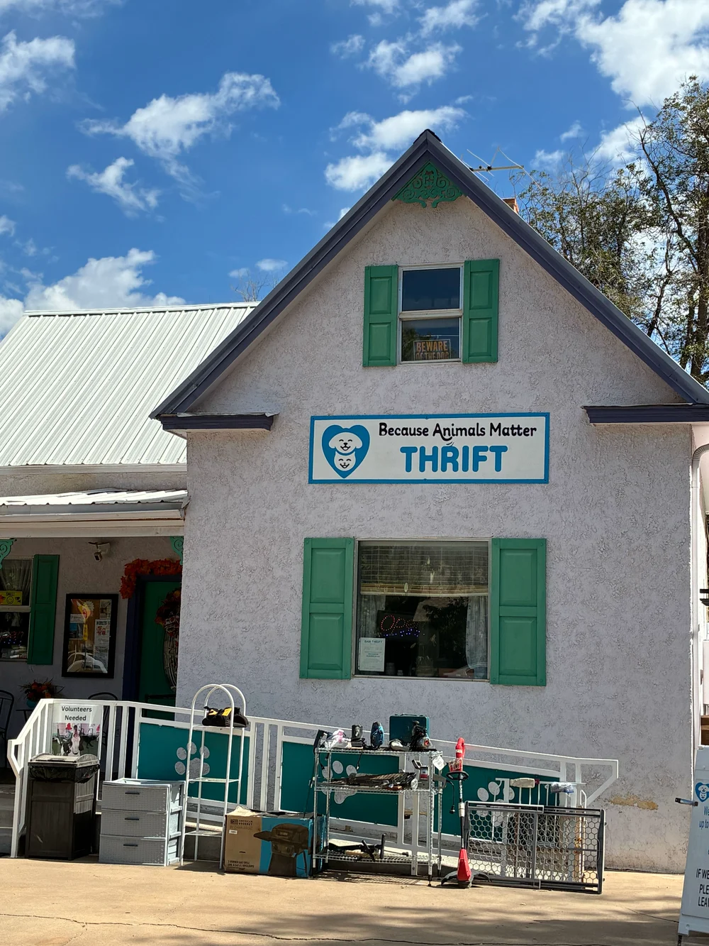 BAM Thrift store storefront with green shutters and a Because Animals Matter Thrift sign