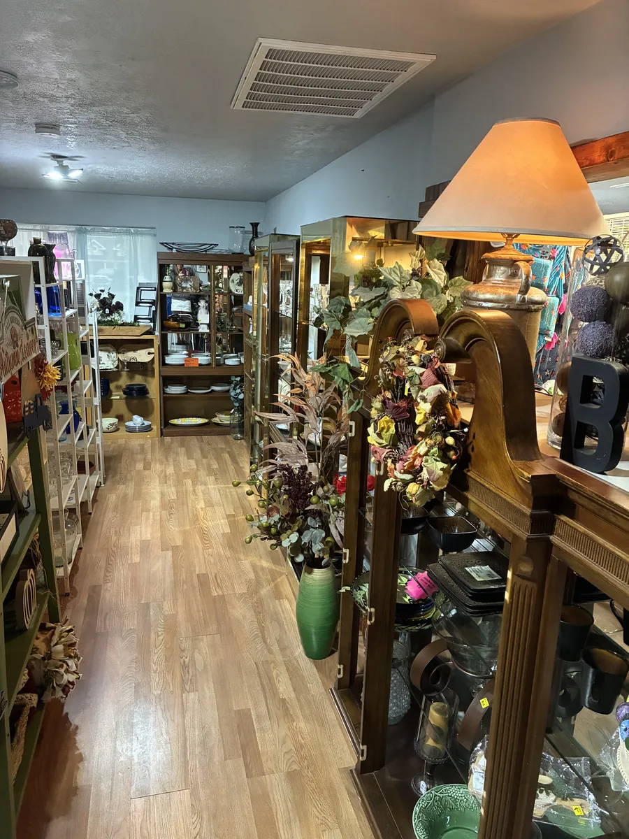 An aisle lined with lamps, flower arrangements and display cabinets at BAM Thrift store