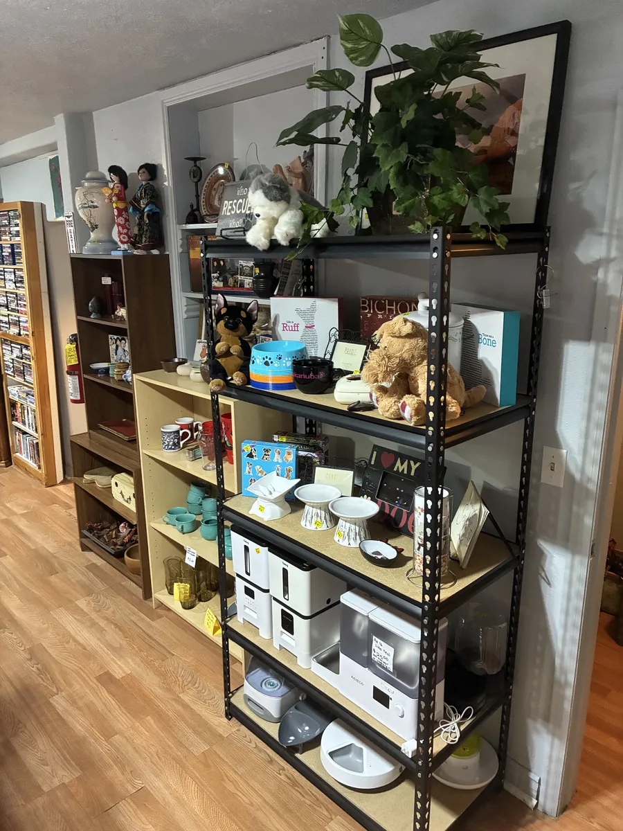 Small shelves with mugs, ornaments, toys and storage boxes inside BAM Thrift store