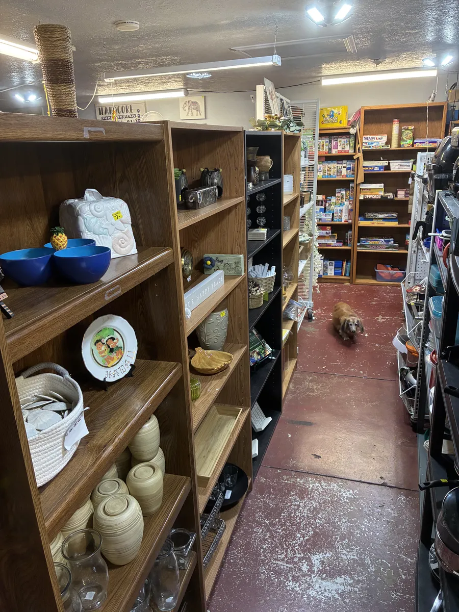 Wooden shelves of bowls, dishes, baskets and decorative containers at BAM Thrift store
