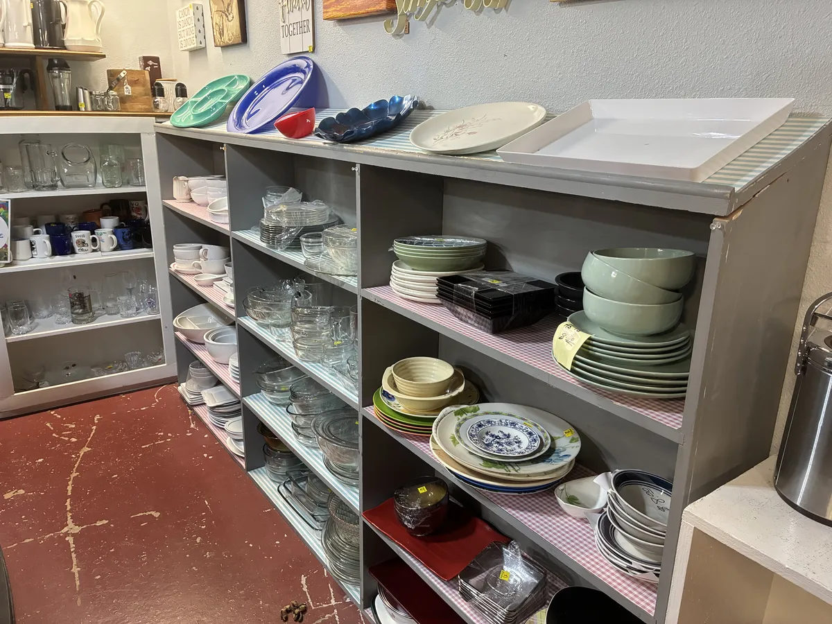 Plates, bowls and glassware neatly arranged on shelves at BAM Thrift store